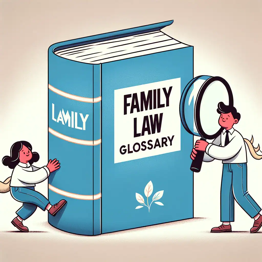 Cartoon of two people studying a giant Family Law Glossary book with a magnifying glass