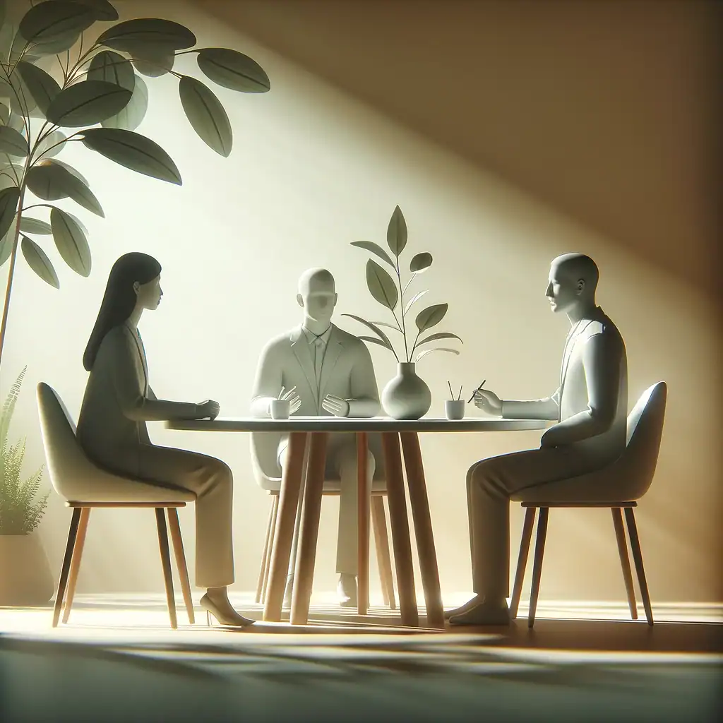 Couple meeting with a mediator at a small table during divorce mediation