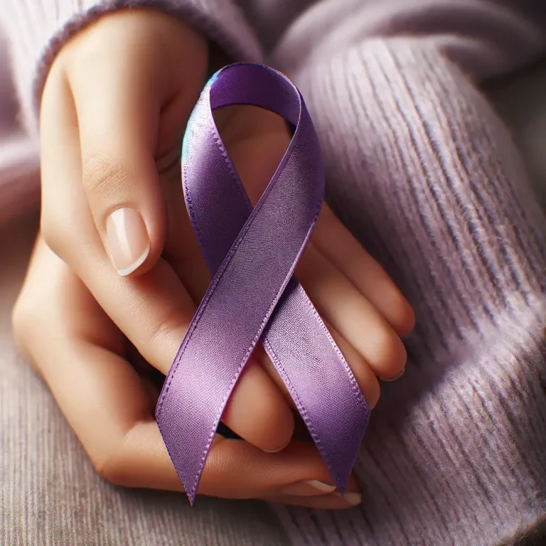 Hand holding a purple ribbon, the symbol of domestic violence awareness