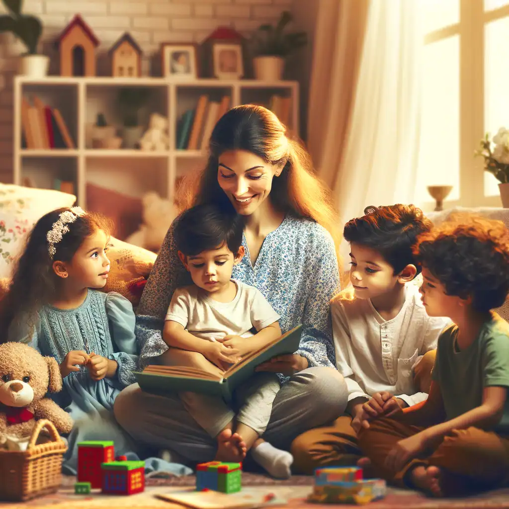Mother reading a book to her four children in a living room, are mothers favored in Minnesota custody cases