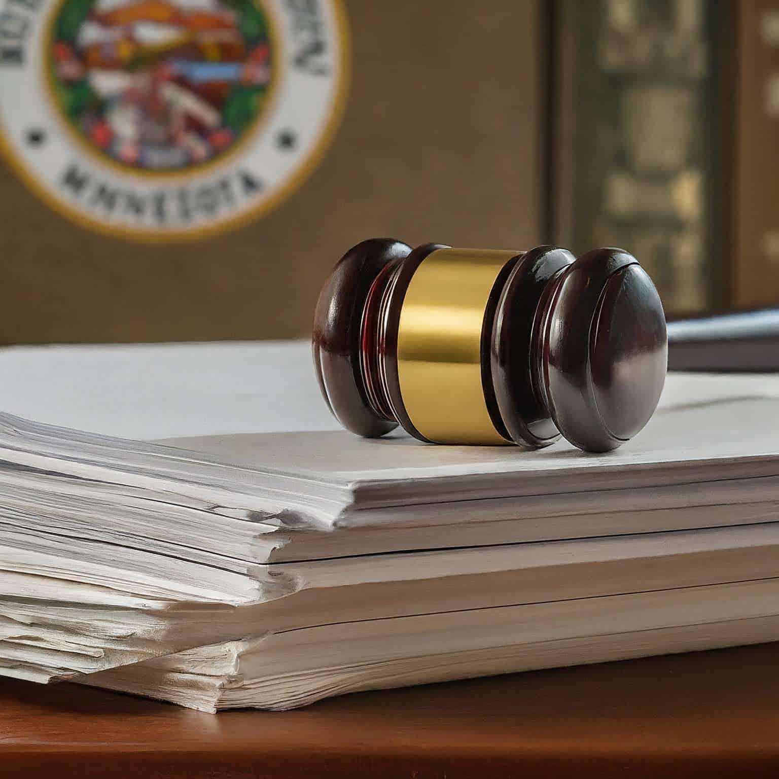 Gavel resting on a stack of legal papers in front of the Minnesota state seal, for a family law appeal