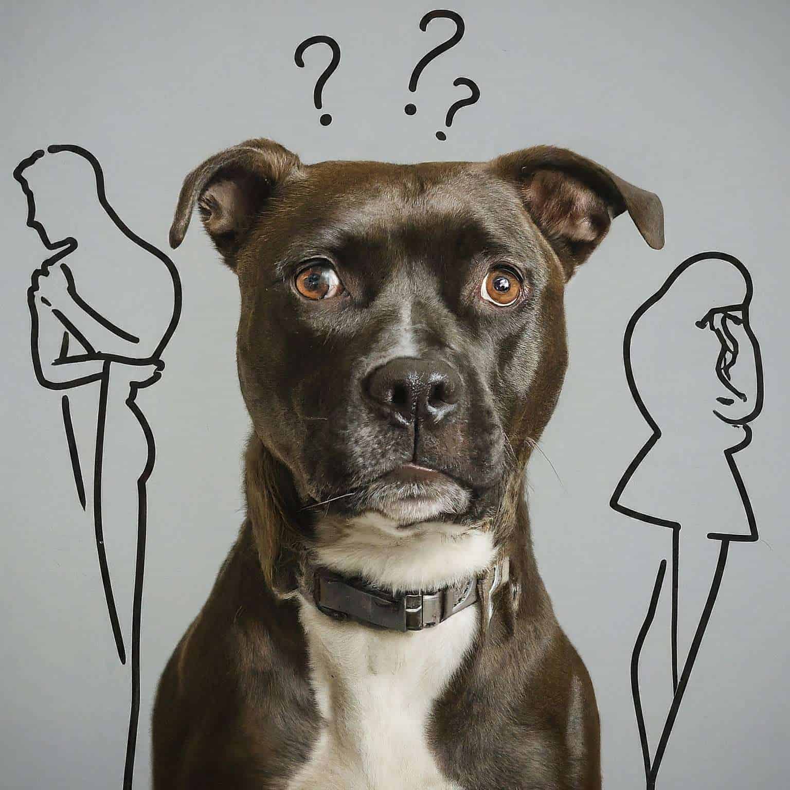 Dog looking puzzled between two outlined spouses, asking who gets the pet in a Minnesota divorce