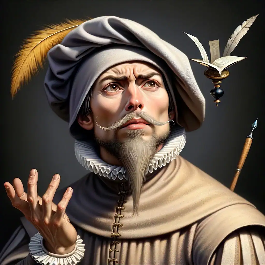 Puzzled Shakespeare-style figure with a quill, a play on to settle or not to settle a divorce case