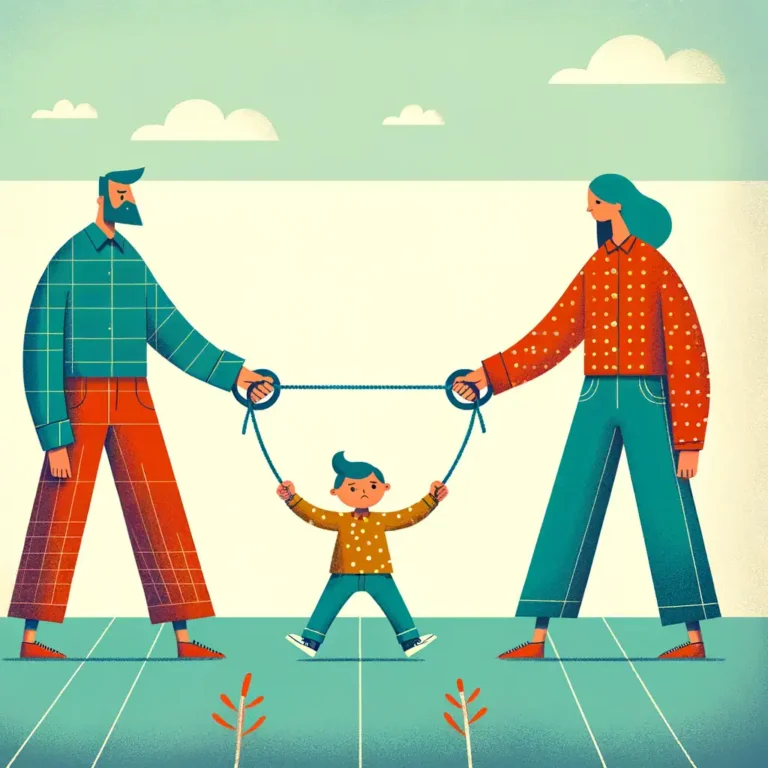 Illustration of divorced parents pulling a rope with their child in the middle, fighting for 50/50 custody in Minnesota