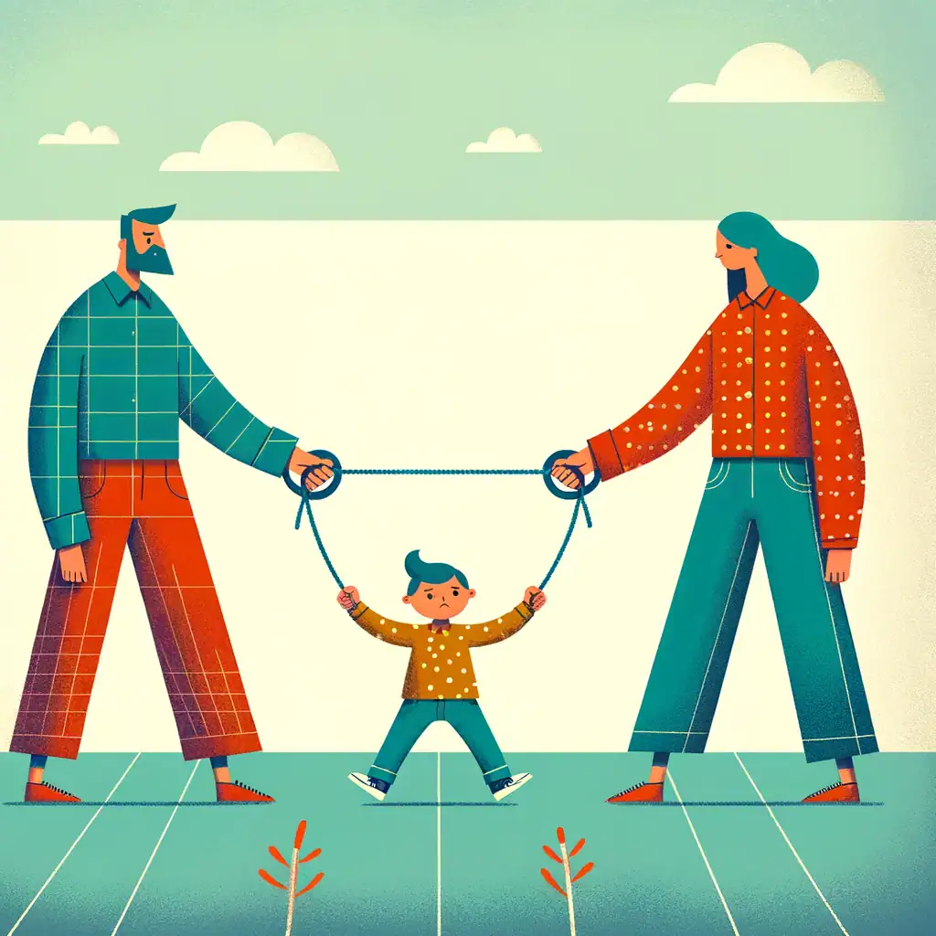 Illustration of divorced parents pulling a rope with their child in the middle, fighting for 50/50 custody in Minnesota