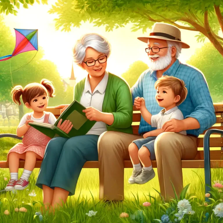 Grandparents on a park bench reading and playing with two grandchildren, grandparent visitation rights in Minnesota