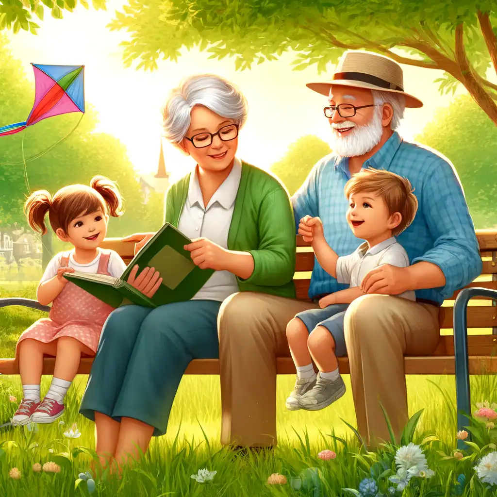 Grandparents on a park bench reading and playing with two grandchildren, grandparent visitation rights in Minnesota