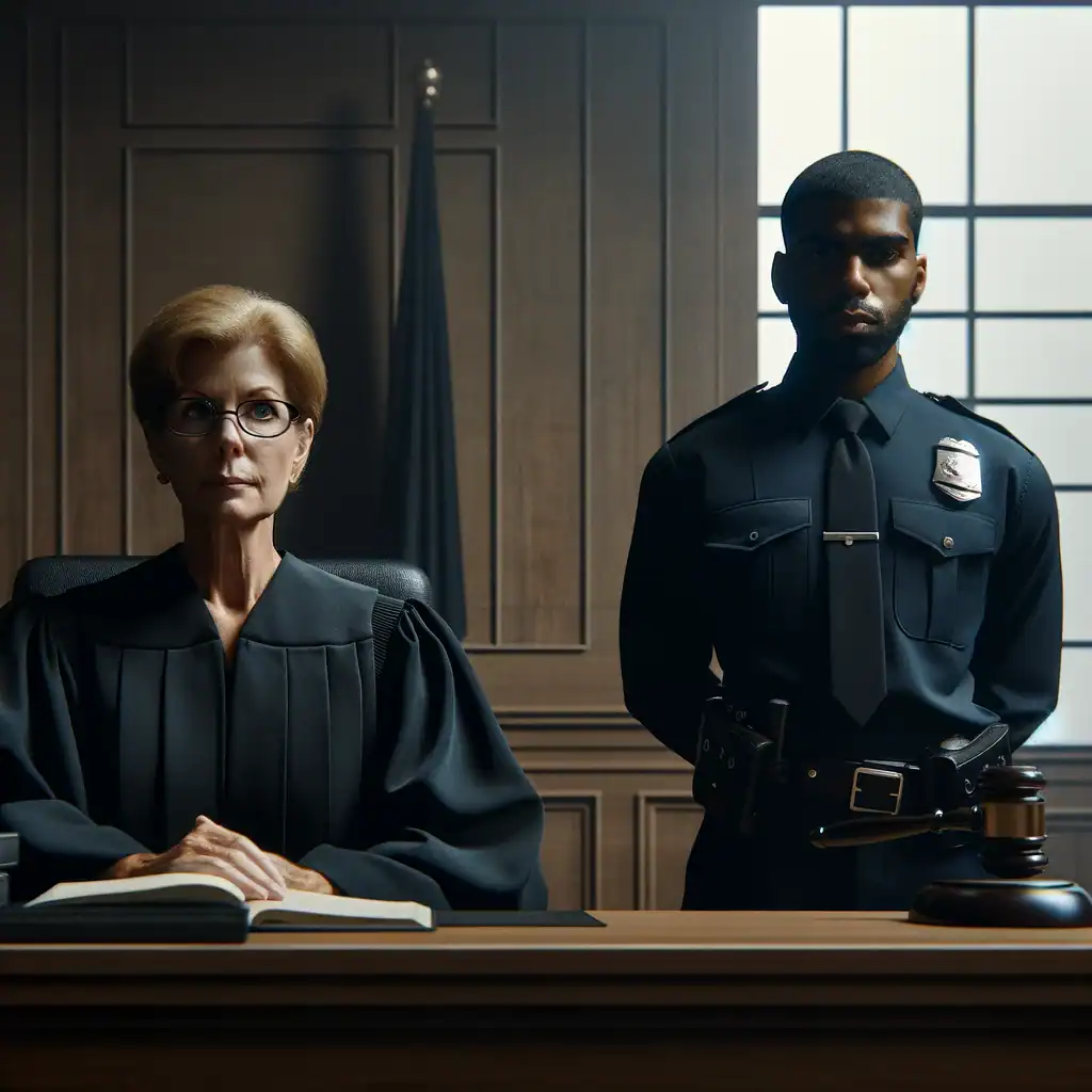 Judge on the bench beside a court officer in a courtroom, illustrating contempt of court