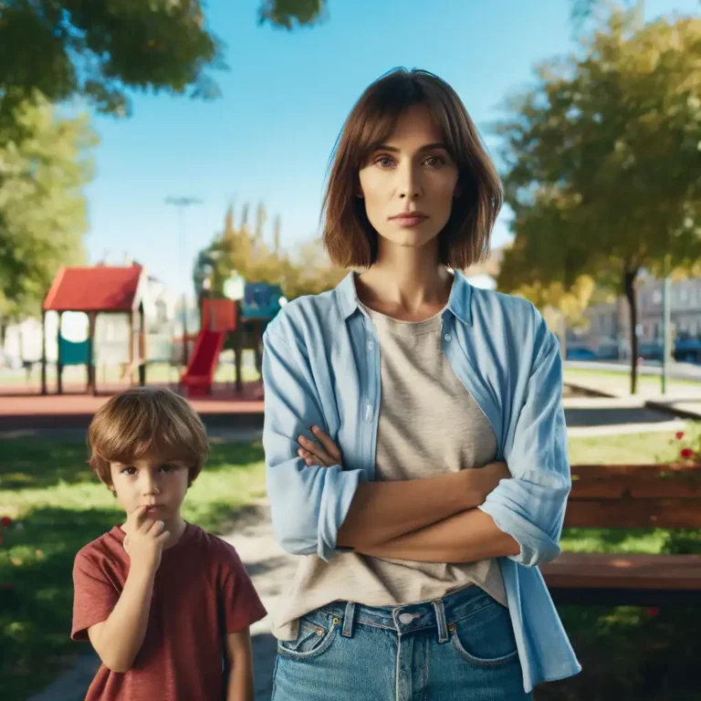 Mother with arms crossed and her son waiting at a park for a parenting time exchange that never happens in Minnesota