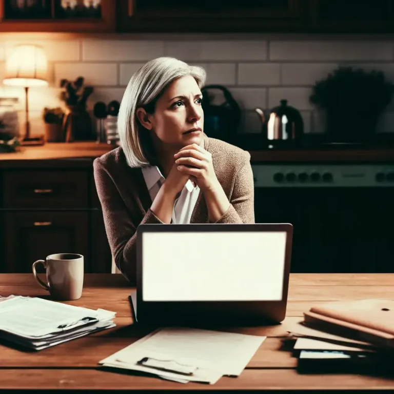 Worried woman at her kitchen table with a laptop and papers, wondering how to pay for a divorce lawyer