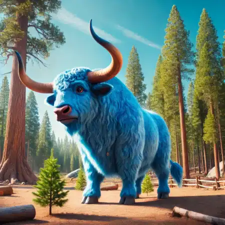 Babe the Blue Ox from Minnesota folklore standing in a pine forest