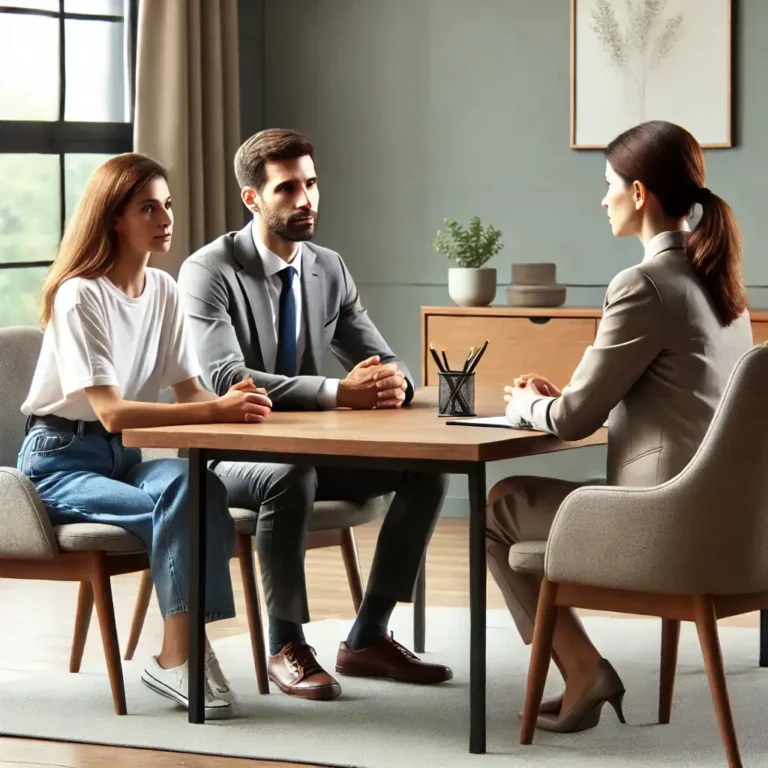 Divorced parents meeting with a parenting consultant across a table, Minnesota parenting consultant FAQs