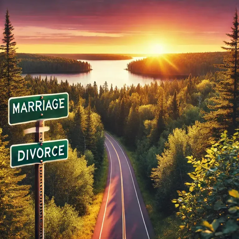 Road signs for Marriage and Divorce pointing different ways above a Minnesota lake at sunset
