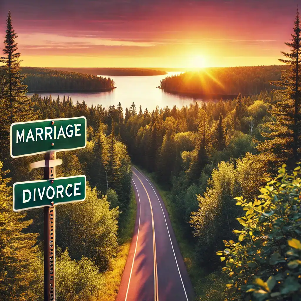 Road signs for Marriage and Divorce pointing different ways above a Minnesota lake at sunset