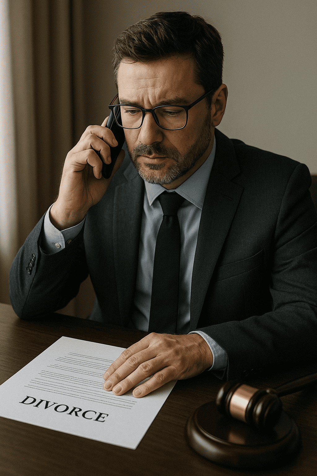 Man on the phone at his desk calling a divorce lawyer, with divorce papers and a gavel in front of him