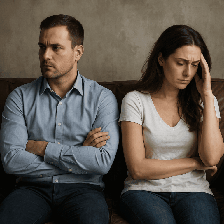 Unhappy couple sitting apart on a couch after infidelity, one with arms crossed and one with head in hand