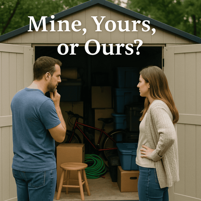 Divorcing couple deciding mine, yours or ours in front of a shed full of belongings, Minnesota property division