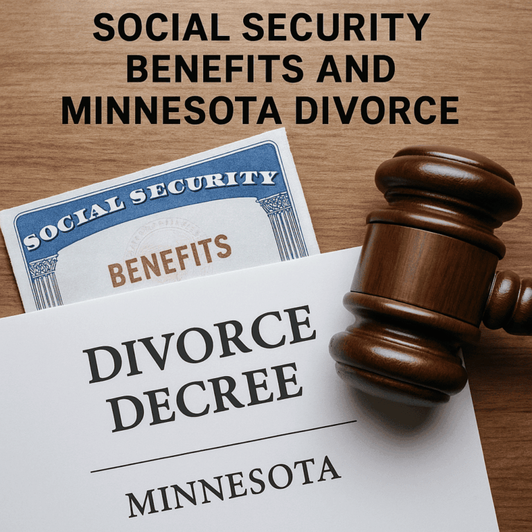 Social Security benefits card, Minnesota divorce decree and gavel, Social Security benefits after a Minnesota divorce