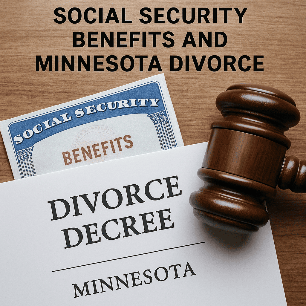 Social Security benefits card, Minnesota divorce decree and gavel, Social Security benefits after a Minnesota divorce