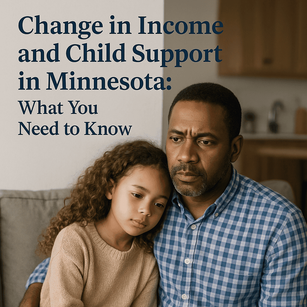 Worried Minnesota father holding his daughter; a change in income can lead to a child support modification