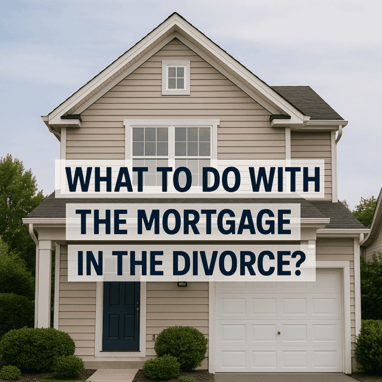 Two-story house with the words What to Do With the Mortgage in the Divorce, Minnesota mortgage and divorce