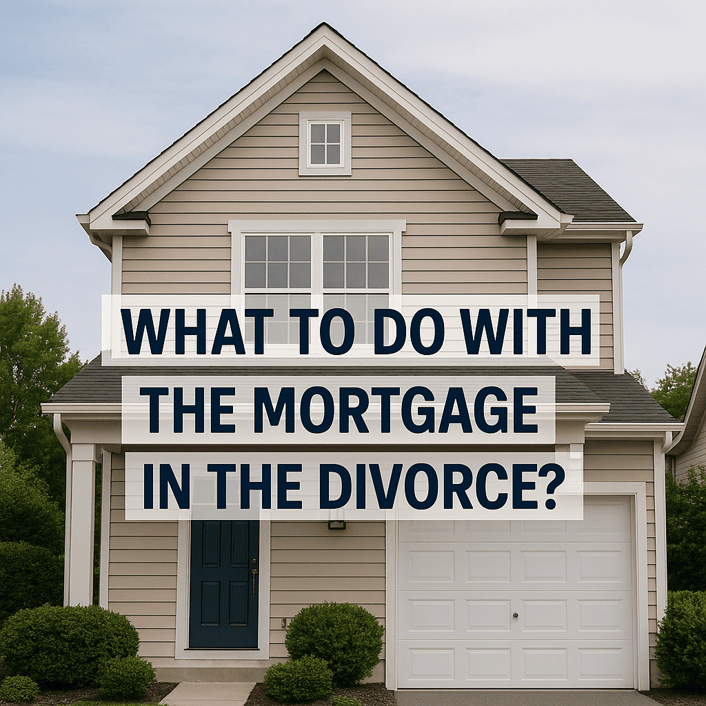 Two-story house with the words What to Do With the Mortgage in the Divorce, Minnesota mortgage and divorce