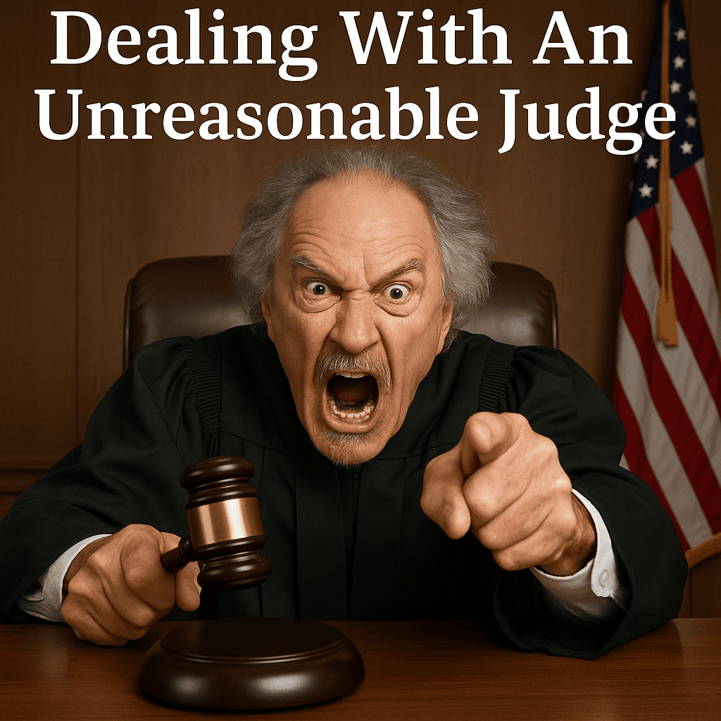 Dealing With an Unreasonable Judge graphic: an angry judge shouting and pointing with a gavel