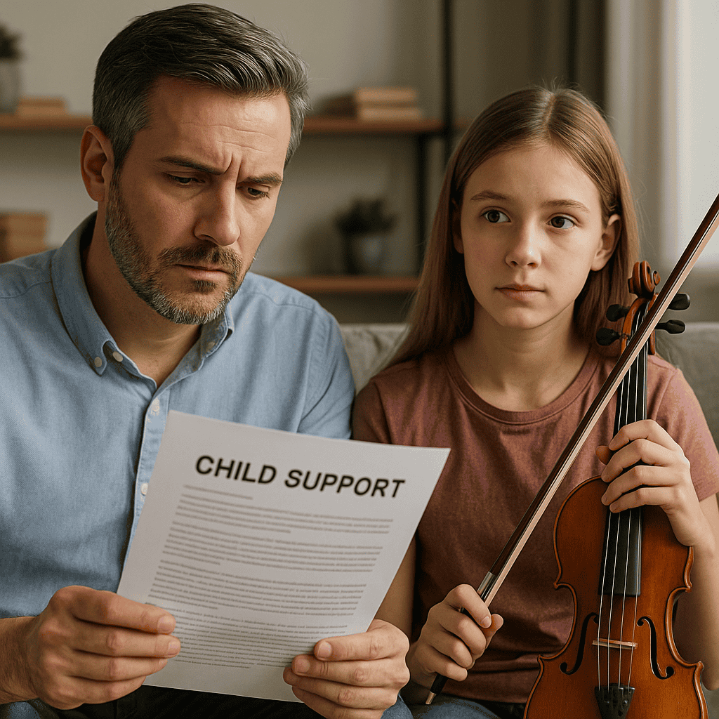 Father reading a child support document next to his daughter holding a violin, Minnesota extracurricular activity costs