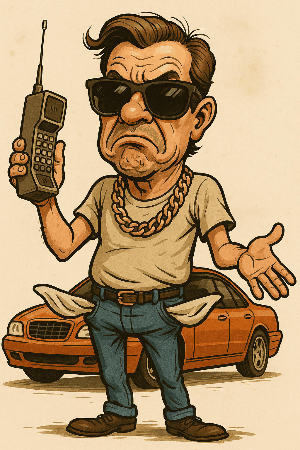 Cartoon of a man with empty pockets claiming he has no money, a common in-kind payment issue in Minnesota child support