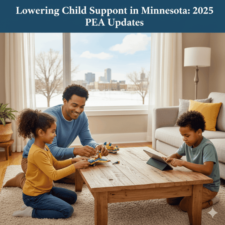 Father playing with his two kids at home, illustrating Minnesota's 2025 parenting expense adjustment to child support