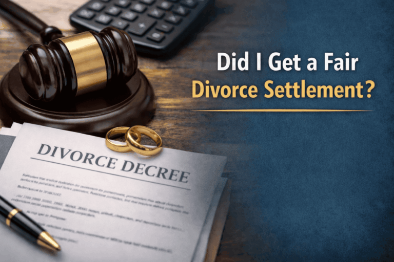 Did I Get a Fair Divorce Settlement? graphic with a divorce decree, wedding rings, a gavel and a calculator