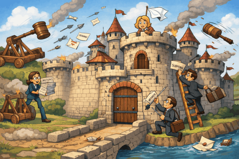 Cartoon of a castle under siege by lawyers with catapults, gavels and flying papers, showing how a long divorce drags on