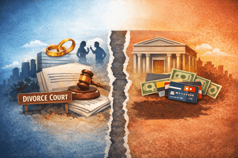 Illustration of divorce court torn apart from a bank with cash and credit cards, divorce and bankruptcy in Minnesota