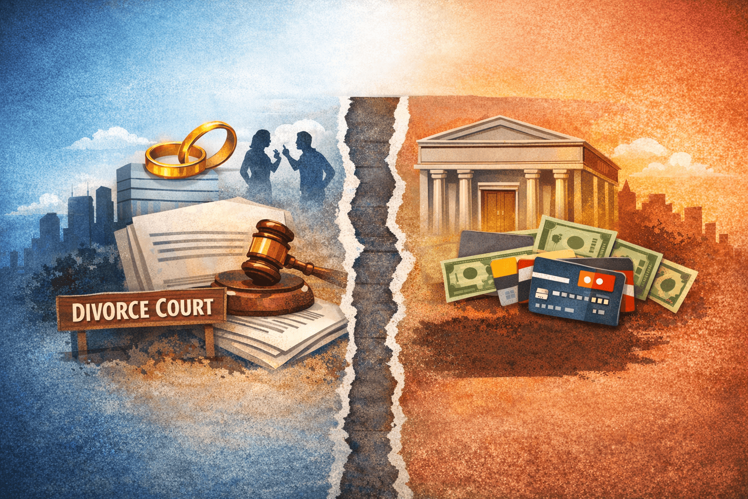 Illustration of divorce court torn apart from a bank with cash and credit cards, divorce and bankruptcy in Minnesota