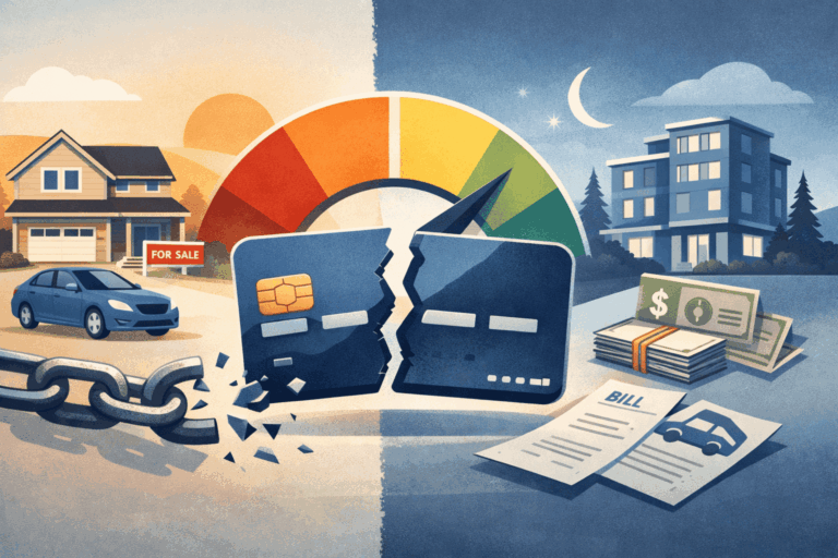 Cracked credit card in front of a credit score gauge, a house for sale and bills, divorce and your credit score in Minnesota