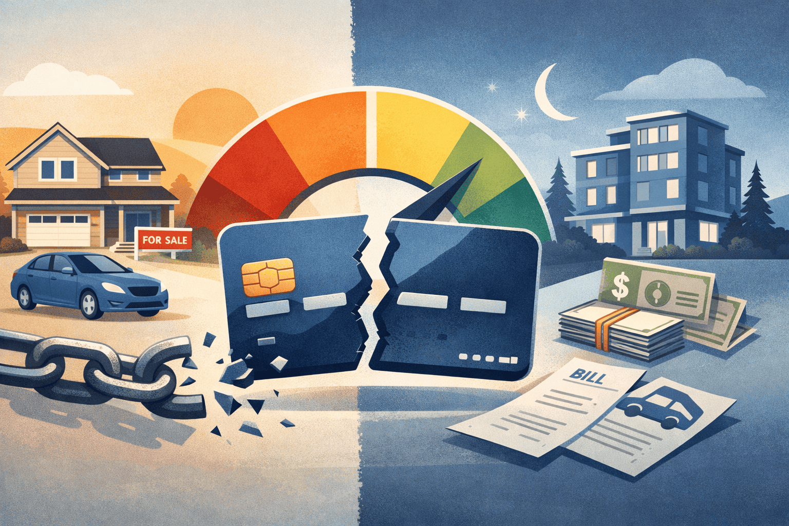 Cracked credit card in front of a credit score gauge, a house for sale and bills, divorce and your credit score in Minnesota