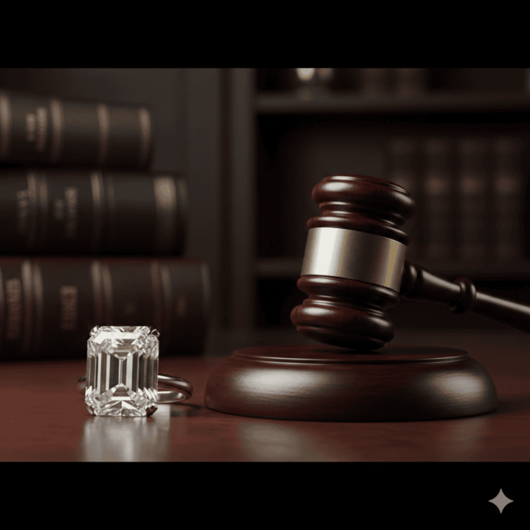 Diamond engagement ring beside a judge's gavel and law books, for who keeps the ring