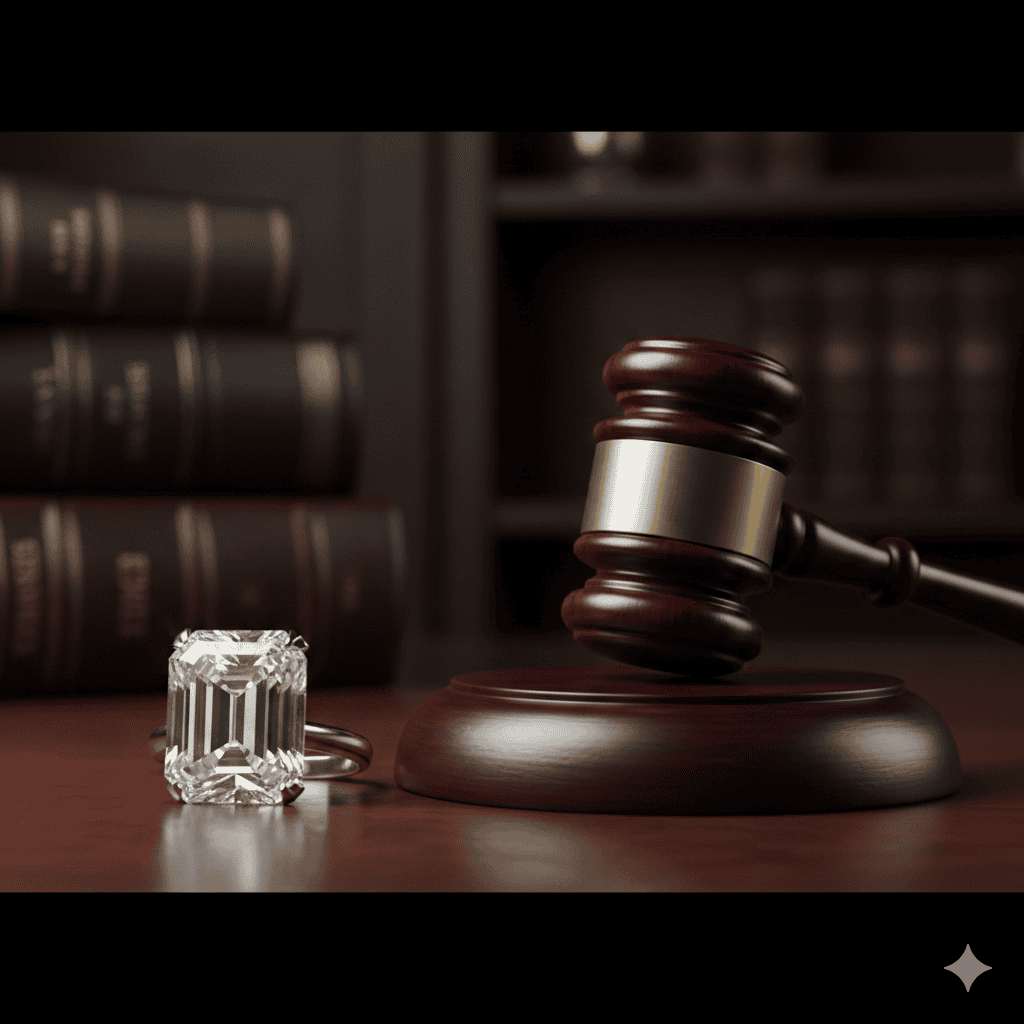 Diamond engagement ring beside a judge's gavel and law books, for who keeps the ring