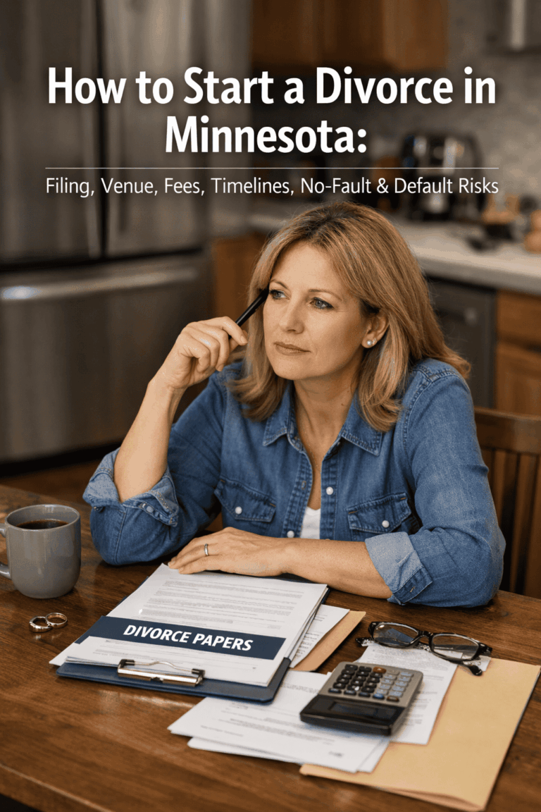 How to Start a Divorce in Minnesota graphic: a woman at her kitchen table reviewing divorce papers with a calculator