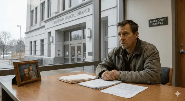 father outside courthouse in Minnesota custody case