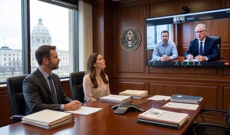 Minnesota divorce mediation in a conference room, the State Capitol outside and a lawyer joining by video call