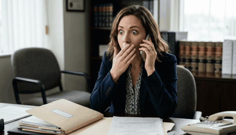 Shocked woman on the phone at a law office desk, hearing news from her divorce lawyer