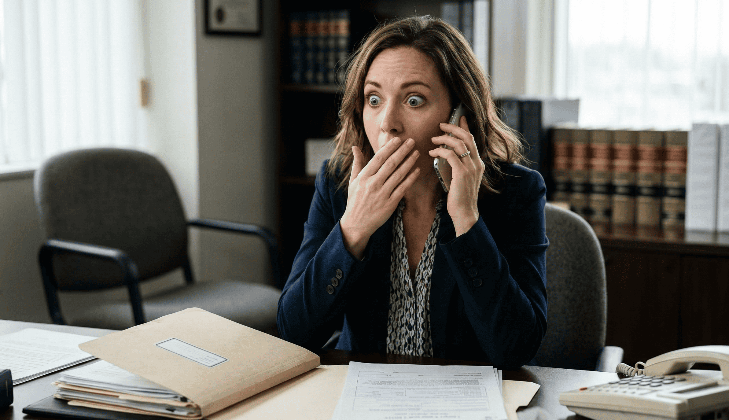 Shocked woman on the phone at a law office desk, hearing news from her divorce lawyer
