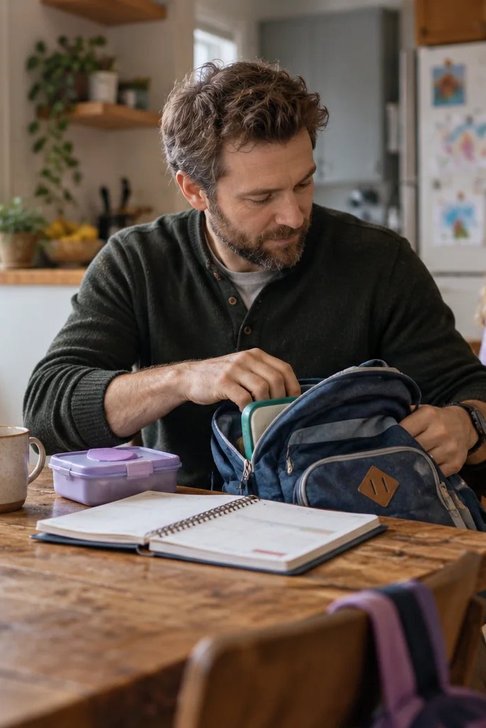 Father packing his daughter's school backpack during his parenting time in Minnesota