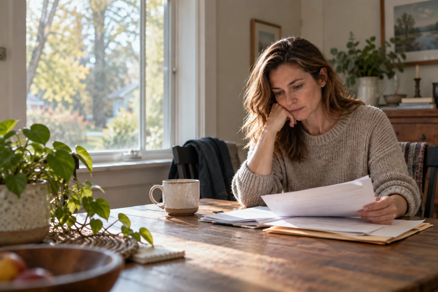 Woman reviewing divorce papers at her kitchen table in Minnesota