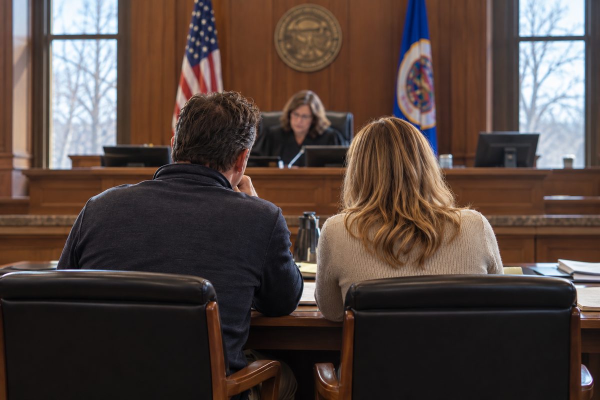 Spouses before a judge at a Minnesota spousal maintenance hearing