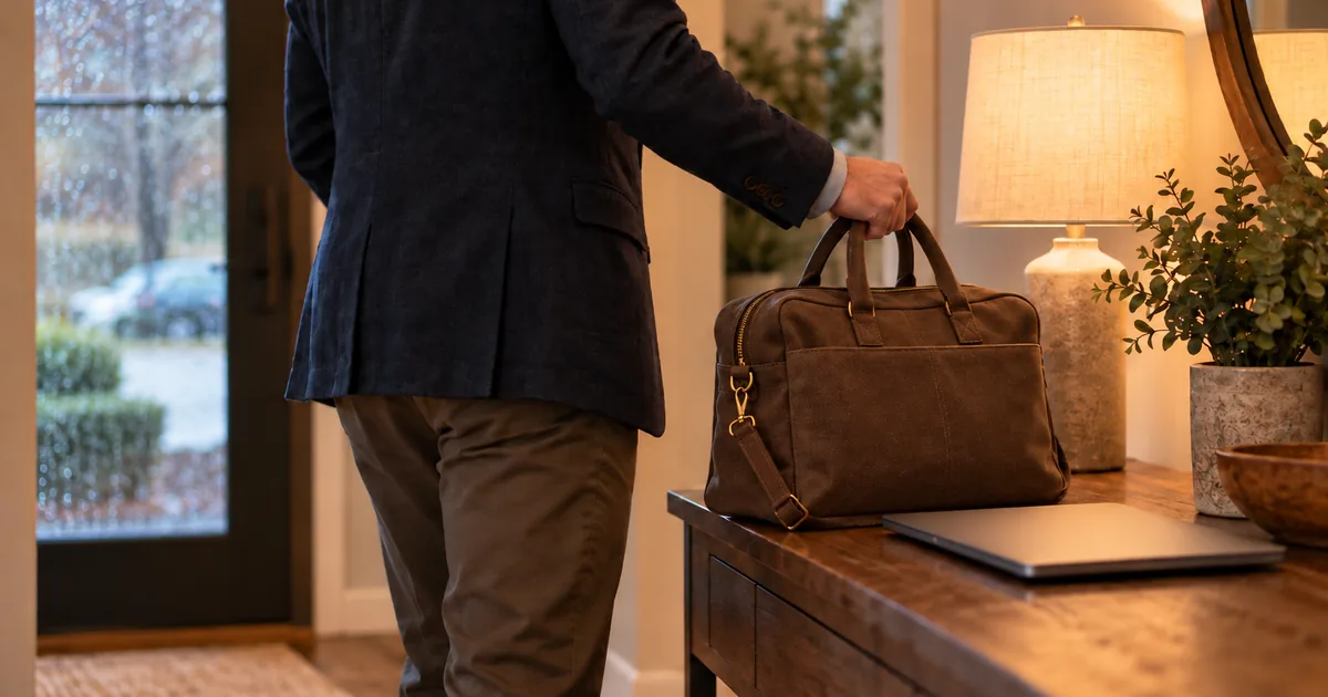 Divorce mistakes sales professionals make in Minnesota: a man with a work bag and laptop heading out