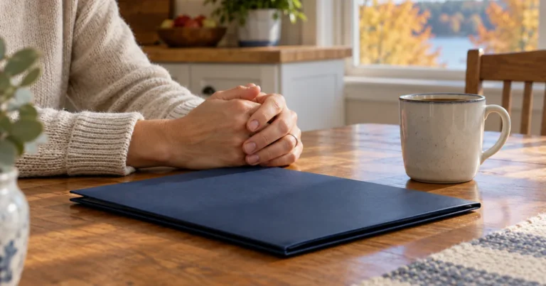 Common divorce mistakes in Minnesota: hands folded beside a closed folder at a kitchen table