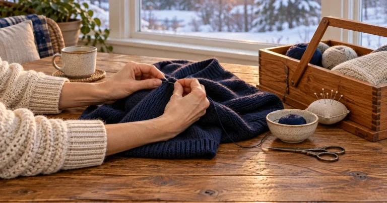 Save money during a Minnesota divorce: hands mending a navy sweater at a wooden table by a snowy window