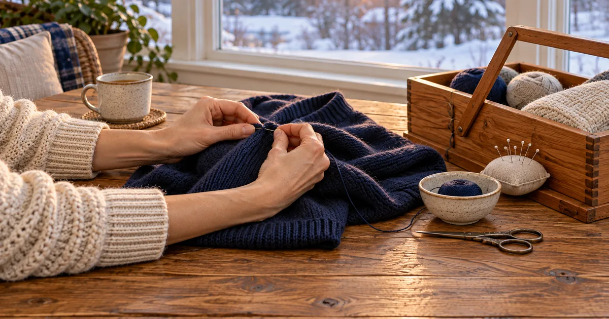 Save money during a Minnesota divorce: hands mending a navy sweater at a wooden table by a snowy window